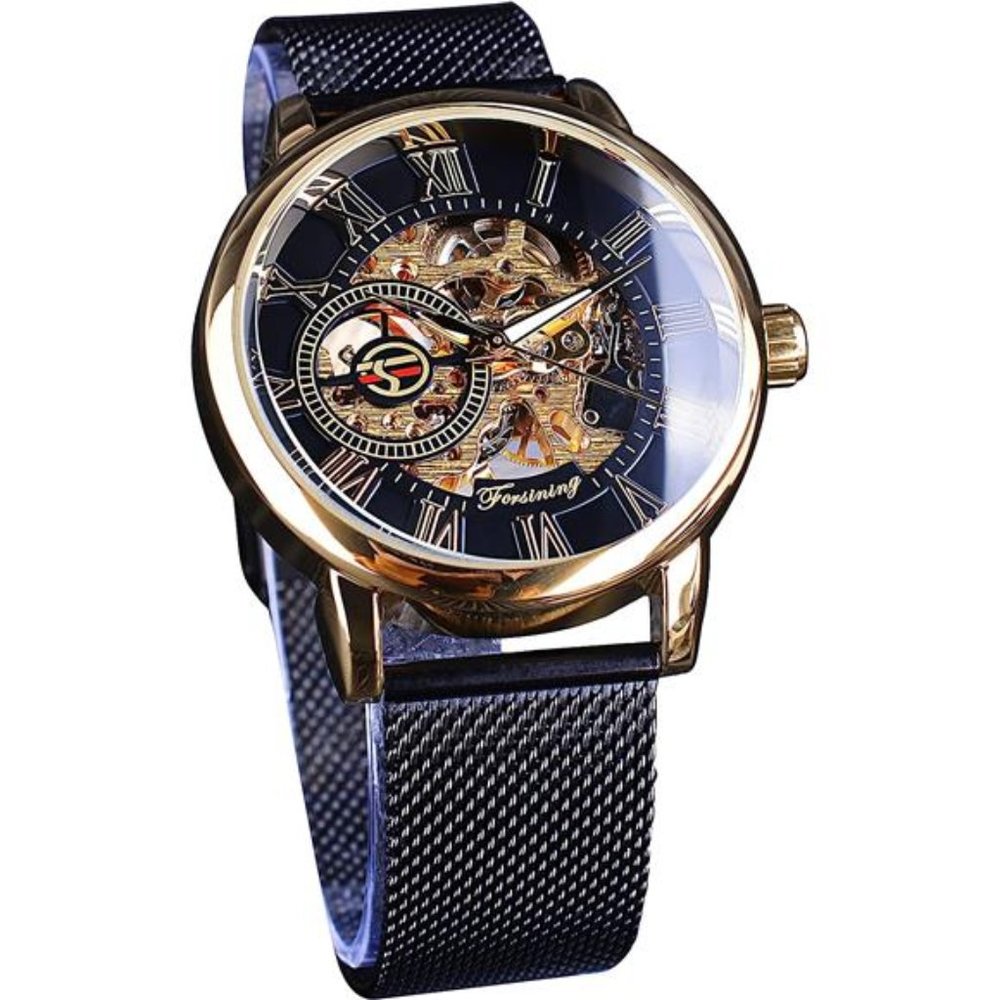 Men's Skeleton Watch Steampunk Watch Mechanical Watch for Men, Black Golden